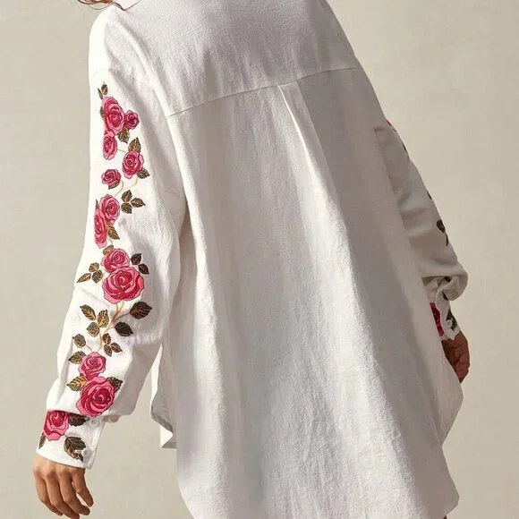 White Casual Women's Boho Woven Relaxed Asymmetrical Hem Long Sleeve Shirt - Picture 3 of 7